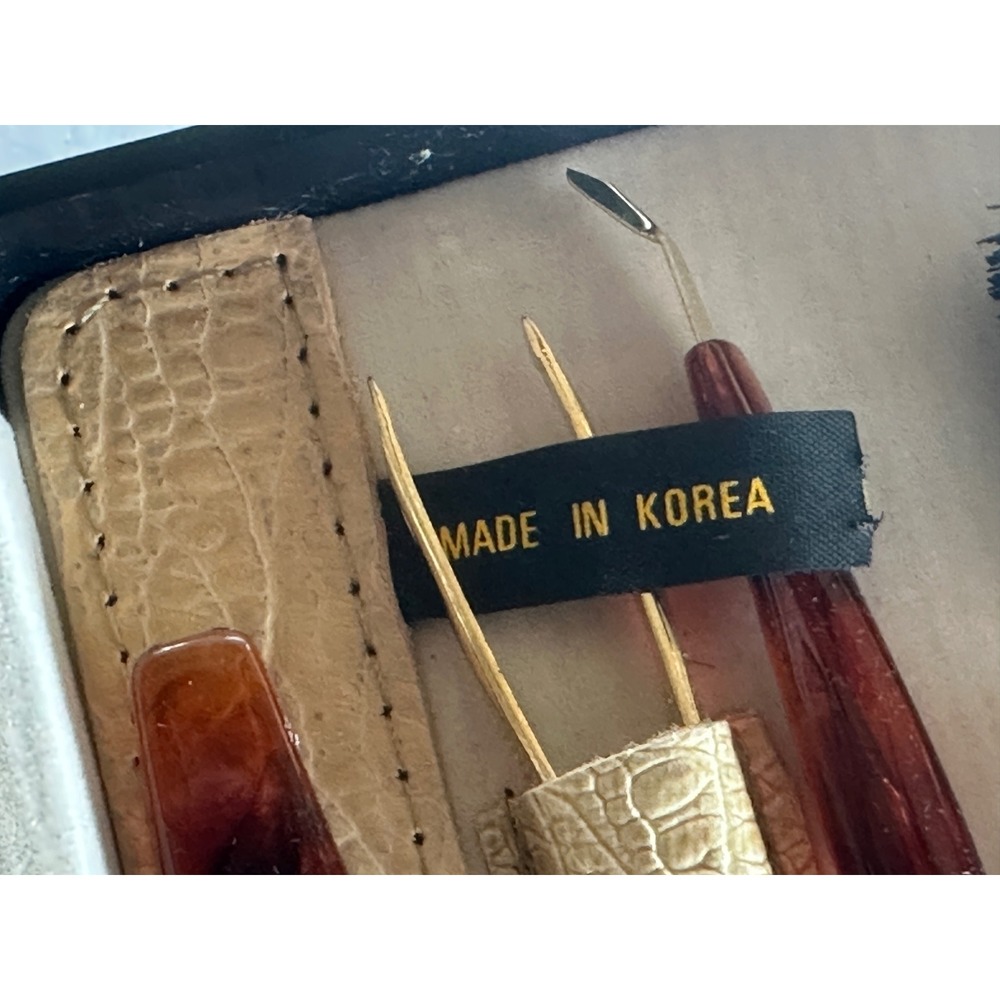 Vintage Travel Manicure Pedicure Makeup Brush Set Brown Faux Croc Case 10 pc - Picture 8 of 16